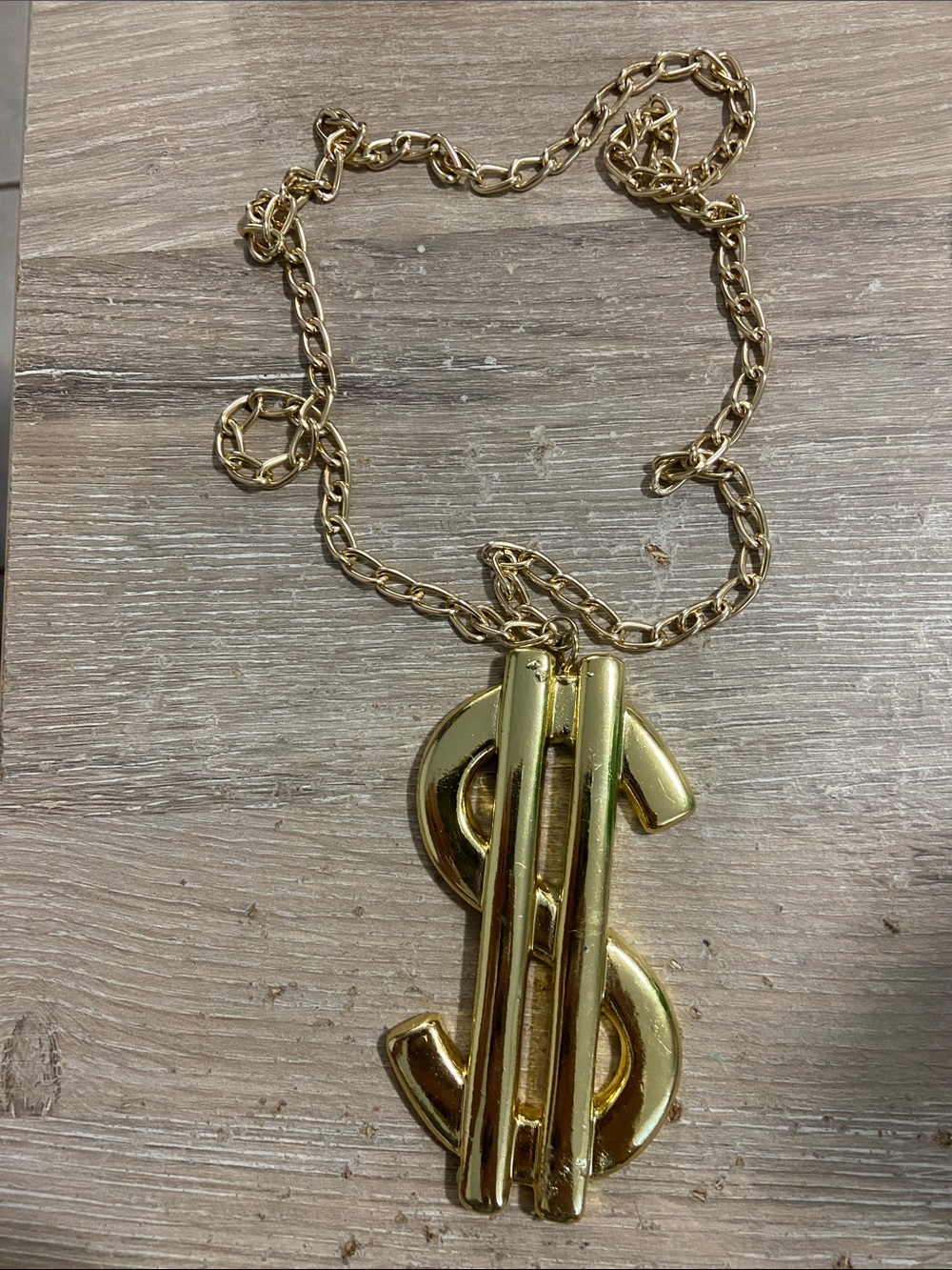 Gold-Tone Dollar Sign Pendant Necklace With Chain 14" Drop Large Statement Jewel